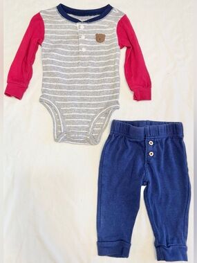 Carters | Gray & Red Long Sleeve Baby Bodysuit with Navy Pants | Size 6 Months